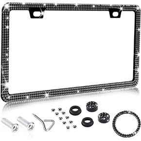 1Black Sparkle License Plate Frame, Luxury Glass Crystal Bling License Plate Frame for Women Cute, Thin Border Stainless Rhinestone Bedazzled Diamond License Plate Frame with Anti Theft Screw Caps