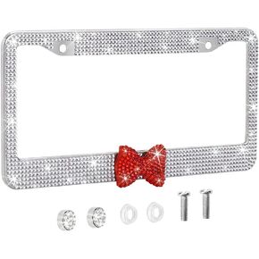 OTOSTAR 1 Pack Bling License Plate Frame with Ribbon Bow, Handcrafted Shiny Rhinestones Premium Stainless Steel 2 Holes License Plate Holder with Anti-Theft Screws Caps Set (Pink/Pink Bowtie)