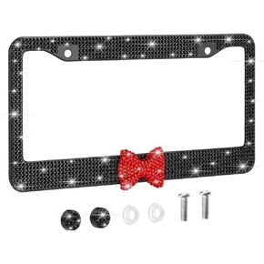 OTOSTAR 1 Pack Bling License Plate Frame with Ribbon Bow, Handcrafted Shiny Rhinestones Premium Stainless Steel 2 Holes License Plate Holder with Anti-Theft Screws Caps Set (Pink/Pink Bowtie)