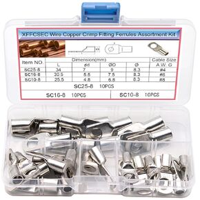 30 PCS Tinned Copper Wire Lugs Kit - Battery Lugs - Crimp Battery Cable Ends -3Types : AWG 4,6,8