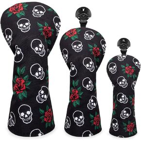 Barudan Golf Club Covers, 3pcs Golf Club Head Covers for Driver, Woods and Hybrids, Rose and Skeleton Driver Fairway Rescue Headcovers Set, Designed to Fit All Brand Golf Clubs