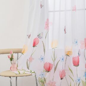 youleyar Floral Sheer Curtains for Living Room 54 Inches Long 2 Panels White Semi-Sheer Curtain with Flower/Butterfly Printed Pattern Summer/Spring Rod Pocket Voile Drapes for Bedroom, W52 x L54