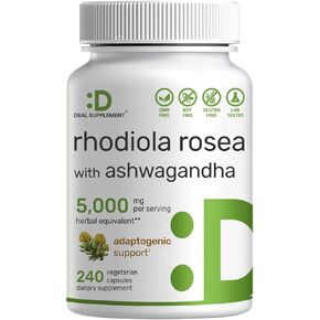 DEAL SUPPLEMENT Rhodiola Rosea with Ashwagandha 5,000mg Per Serving, 240 Veggie Capsules – Max Strength 10:1 Root Extract – Adaptogenic Supplements for Relaxation, Energy, & Brain Health – Non-GMO