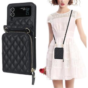 KIHUWEY for Samsung Galaxy Z Flip 4 Wallet Case, Crossbody Zipper Purse with Credit Card Slot Holder RFID Blocking PU Leather Adjustable Lanyard Detachable Strap Wrist for Women (Black)