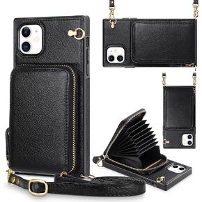 for iPhone 11 Case Wallet Zipper Leather Case with Card Holder Slots Protective iPhone 11 Cover with Lanyard for Girls Women Shockproof Case Compatible with iPhone 11 6.1 inch Black