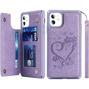 iCoverCase Compatible with iPhone 11 Wallet Phone Case with Card Holder for Women, RFID Blocking Embossed PU Leather Wrist Strap Case 6.1 Inch (Heart Purple)