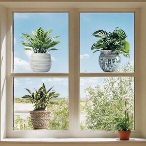 KAHSHEEN Garden Potted Plant Spring Summer Static Window Clings, Realistic Botanical Window Sticker, Anti-Collision Glass Doors Window Stickers, Green Leaf Vinyl Décor, Double-Sided Printed Decal