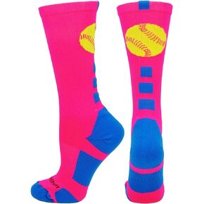 MadSportsStuff Softball Logo Crew Socks (Neon Pink/Electric Blue, Large)