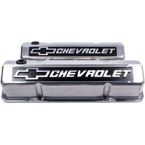ProForm Valve Cover, Slant-Edge, Tall, Baffled, Breather Hole, Raised Chevrolet Bowtie Logo, Aluminum, Polished, Small Block Chevy, Pair (141-920)