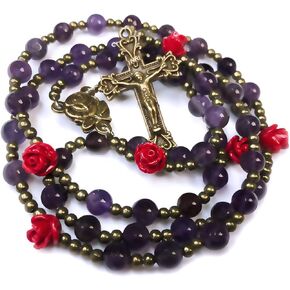 Our Lady of Lourdes Purple Amethyst Stone and Red Rose Rosary Beads Catholic for Women,Catholic Rosary,Rosarios Catolicos Para Mujer,Catholic Gifts Women,Rosario Regalos Para Mujer, Stone, Amethyst