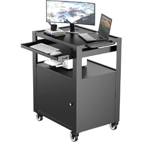 AV Cart with Keyboard Tary and Locking Cabinet Laptop Cart on Wheels Utility Cart and Pullout Tray - Max Capacity 350 lbs(24.8''L x 18.1''W x 39.8''H)