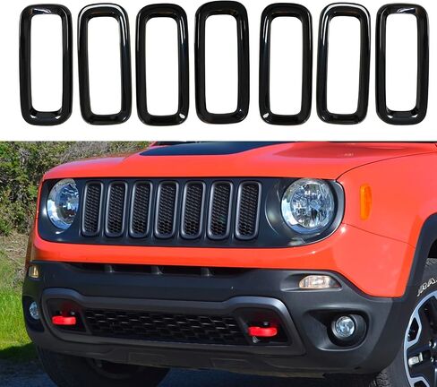 Front Bumper Grill Insert Rings Vent Cover Trim Compatible with Jeep Renegade 2015 2016 2017 2018 Gloss Black (7pcs) in Saudi Arabia