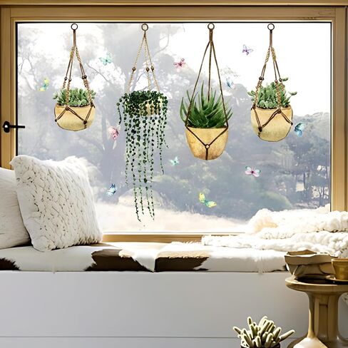 Supzone Potted Plant Window Clings Hanging Green Plant Butterfly Glass Window Decals Reusable Anti-Collision Double-Side Window Stickers for Living Room Home Window Glass Door Decoration in Saudi Arabia