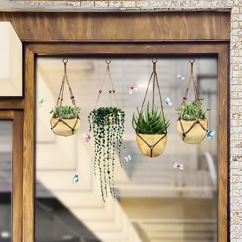 Supzone Potted Plant Window Clings Hanging Green Plant Butterfly Glass Window Decals Reusable Anti-Collision Double-Side Window Stickers for Living Room Home Window Glass Door Decoration in Saudi Arabia