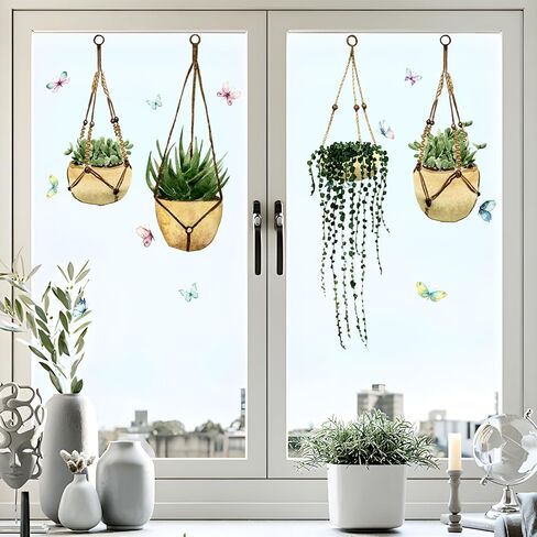 Supzone Potted Plant Window Clings Hanging Green Plant Butterfly Glass Window Decals Reusable Anti-Collision Double-Side Window Stickers for Living Room Home Window Glass Door Decoration in Saudi Arabia