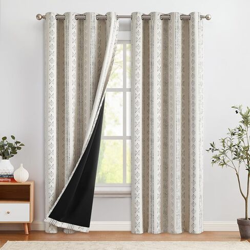 COLLACT 100% Boho Blackout Curtains for Bedroom 63 Inch Length Black on Beige Geometric Stripe Pattern Curtains for Living Room Thermal Insulated Room Darkening Drapes Grommet Window Curtains 2 Panels in Saudi Arabia
