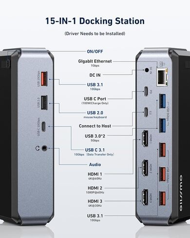 محطة إرساء USB C شاشة ثلاثية، محطة إرساء GIISSMO 15IN1 MacBook Pro لـ M1/M2، Mac، Windows، محطة إرساء الكمبيوتر المحمول شاشة مزدوجة مع HDMI*3، RJ45، 10 جيجابت في الثانية USB*4، PD، USB 3.0 * 3، سائق in Saudi Arabia