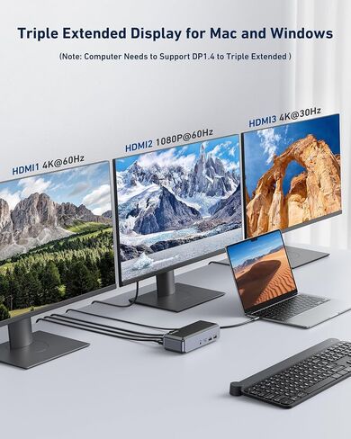 محطة إرساء USB C شاشة ثلاثية، محطة إرساء GIISSMO 15IN1 MacBook Pro لـ M1/M2، Mac، Windows، محطة إرساء الكمبيوتر المحمول شاشة مزدوجة مع HDMI*3، RJ45، 10 جيجابت في الثانية USB*4، PD، USB 3.0 * 3، سائق in Saudi Arabia