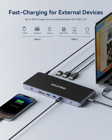 محطة إرساء USB C شاشة ثلاثية، محطة إرساء GIISSMO 15IN1 MacBook Pro لـ M1/M2، Mac، Windows، محطة إرساء الكمبيوتر المحمول شاشة مزدوجة مع HDMI*3، RJ45، 10 جيجابت في الثانية USB*4، PD، USB 3.0 * 3، سائق in Saudi Arabia