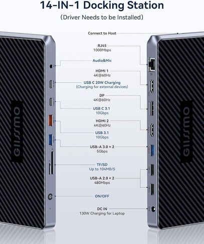 محطة إرساء USB C شاشة ثلاثية، محطة إرساء GIISSMO 15IN1 MacBook Pro لـ M1/M2، Mac، Windows، محطة إرساء الكمبيوتر المحمول شاشة مزدوجة مع HDMI*3، RJ45، 10 جيجابت في الثانية USB*4، PD، USB 3.0 * 3، سائق in Kuwait
