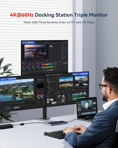 محطة إرساء USB C شاشة ثلاثية، محطة إرساء GIISSMO 15IN1 MacBook Pro لـ M1/M2، Mac، Windows، محطة إرساء الكمبيوتر المحمول شاشة مزدوجة مع HDMI*3، RJ45، 10 جيجابت في الثانية USB*4، PD، USB 3.0 * 3، سائق in Kuwait