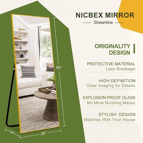 مرآة حائط كاملة الطول من NicBex، مقاس 60 بوصة × 20 بوصة، مرآة حائط كاملة الطول مثبتة على الحائط بإطار من سبائك الألومنيوم لغرفة النوم/غرفة المعيشة/مرآة أرضية غرفة النوم مع حامل، ذهبي in Kuwait