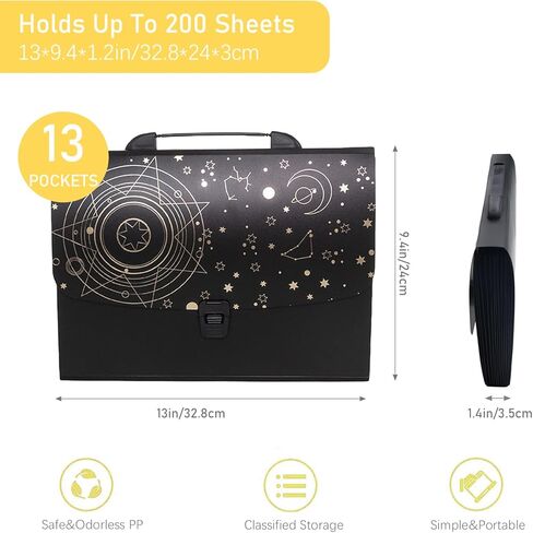 منظم ملفات أكورديون مع ملصقات على شكل قمر ونجوم - خلفية سوداء، 13 جيبًا، سحاب إغلاق، حقيبة محمولة لتنظيم المستندات بحجم A4/Letter in Kuwait
