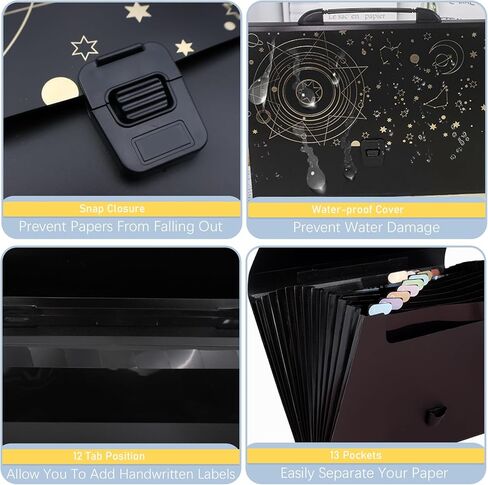 منظم ملفات أكورديون مع ملصقات على شكل قمر ونجوم - خلفية سوداء، 13 جيبًا، سحاب إغلاق، حقيبة محمولة لتنظيم المستندات بحجم A4/Letter in Kuwait