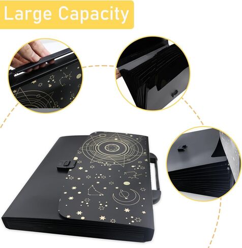 منظم ملفات أكورديون مع ملصقات على شكل قمر ونجوم - خلفية سوداء، 13 جيبًا، سحاب إغلاق، حقيبة محمولة لتنظيم المستندات بحجم A4/Letter in Kuwait