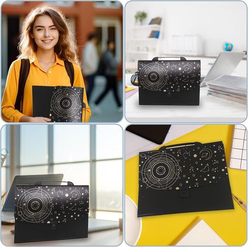 منظم ملفات أكورديون مع ملصقات على شكل قمر ونجوم - خلفية سوداء، 13 جيبًا، سحاب إغلاق، حقيبة محمولة لتنظيم المستندات بحجم A4/Letter in Kuwait