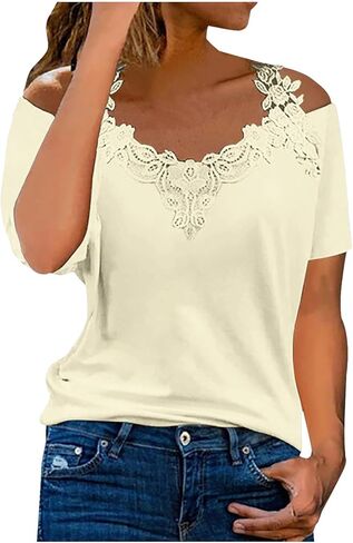 Women Tshirts Graphic,Womens Cold Shoulder Blouse Short Sleeve Tees V Neck Lace Patchwork Tunic Tops in Saudi Arabia