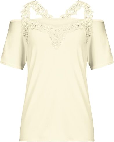 Women Tshirts Graphic,Womens Cold Shoulder Blouse Short Sleeve Tees V Neck Lace Patchwork Tunic Tops in Saudi Arabia