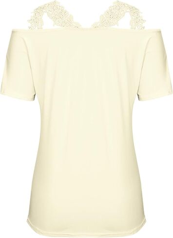 Women Tshirts Graphic,Womens Cold Shoulder Blouse Short Sleeve Tees V Neck Lace Patchwork Tunic Tops in Saudi Arabia