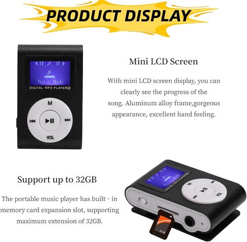 مشغل Mp3، مشغل موسيقى MP3 صغير محمول مع سماعة رأس وكابل USB، مشغل موسيقى صوت بدون فقدان بمشبك خلفي للأطفال البالغين، يدعم حتى 32 جيجابايت (أسود) in Kuwait