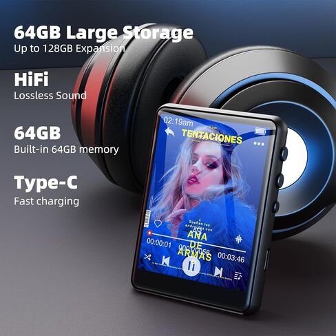 مشغل MP3 مع بلوتوث 5.3، مشغل موسيقى رقمي صغير هاي فاي محمول 2.4 بوصة، جودة صوت هاي فاي، مع كتاب إلكتروني لتسجيل راديو FM، تسجيل مشغل MP3 مع مكبر صوت، يدعم حتى 128 جيجابايت أسود in Kuwait