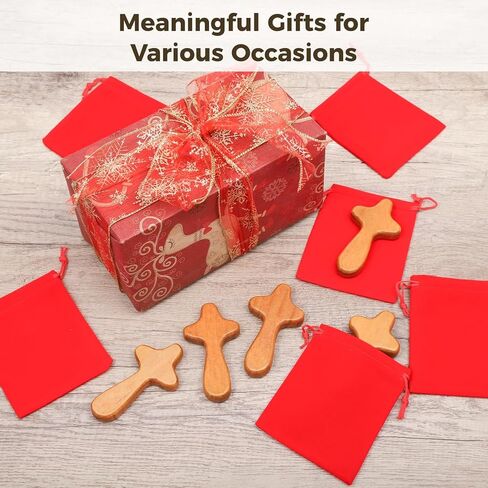 6 مجموعات صغيرة محمولة باليد من خشب الصنوبر مع حقيبة مخملية جيب صليب 4.1 بوصة محمولة تحمل جيب خشبي صليب ملتصق صليب يسوع هدية للصلاة بحجم راحة اليد للرجال هدية الكنيسة (بني فاتح) in Kuwait