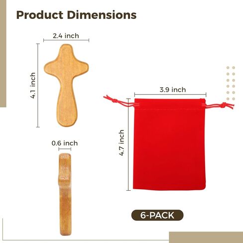 6 مجموعات صغيرة محمولة باليد من خشب الصنوبر مع حقيبة مخملية جيب صليب 4.1 بوصة محمولة تحمل جيب خشبي صليب ملتصق صليب يسوع هدية للصلاة بحجم راحة اليد للرجال هدية الكنيسة (بني فاتح) in Kuwait