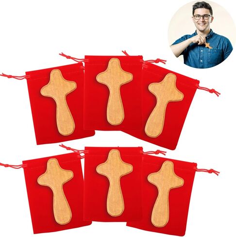 6 مجموعات صغيرة محمولة باليد من خشب الصنوبر مع حقيبة مخملية جيب صليب 4.1 بوصة محمولة تحمل جيب خشبي صليب ملتصق صليب يسوع هدية للصلاة بحجم راحة اليد للرجال هدية الكنيسة (بني فاتح) in Kuwait