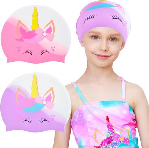 Swim Cap for Kids, Waterproof Silicone Swimming Caps for Girls Boys Unicorn Dinosaur Toddler Kids Swimming Hat for Long and Short Hair in Saudi Arabia