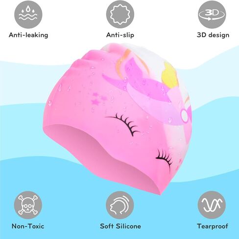 Swim Cap for Kids, Waterproof Silicone Swimming Caps for Girls Boys Unicorn Dinosaur Toddler Kids Swimming Hat for Long and Short Hair in Saudi Arabia