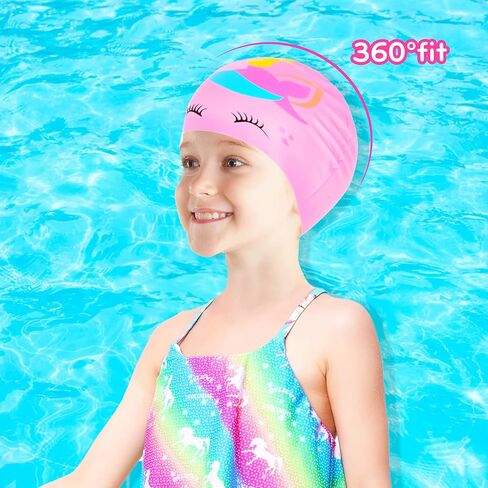 قبعة سباحة للأطفال، قبعات سباحة من السيليكون مقاومة للماء للفتيات والأولاد، قبعة سباحة للأطفال الصغار على شكل ديناصور وحيد القرن للشعر الطويل والقصير in Kuwait