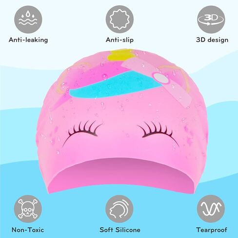 قبعة سباحة للأطفال، قبعات سباحة من السيليكون مقاومة للماء للفتيات والأولاد، قبعة سباحة للأطفال الصغار على شكل ديناصور وحيد القرن للشعر الطويل والقصير in Kuwait