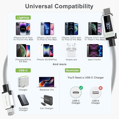 كابل USB C إلى Lightning بطول 4FT لشاحن iPhone السريع PD 30W متوافق مع iPhone 14 13 12 11 Pro Max XS XR X 8 7 Plus AirPods Pro والمزيد in Kuwait