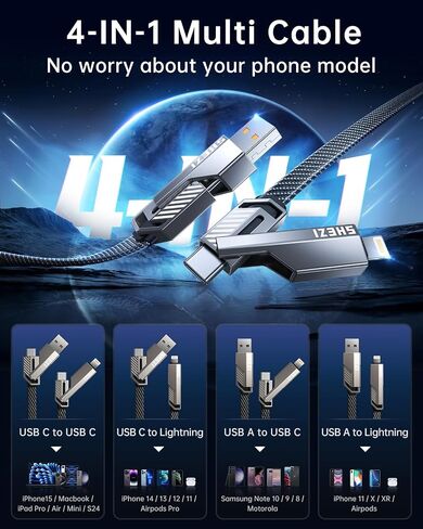 كابل USB C 4 في 1 بقدرة 60 وات [سلسلة SHEZI] لكابل Lightning شحن سريع سلك شاحن iPhone iPad مضفر من النايلون المسطح [مزامنة بيانات 480 ميجابت في الثانية] كابل شحن متعدد مع منفذ Lightning/Type C/USB A، بطول 5 أقدام in Saudi Arabia