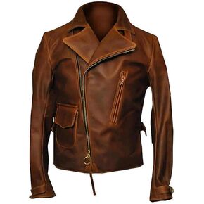 Men's VIntage Classic Motorcycle Asymmetrical Style Distressed Brown Biker Genuine Leather Jacket (XL)