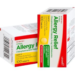 Leader 4 Hour Allergy Relief, Chlorpheniramine Maleate Tablets, Antihistamine, 4 mg, 100 Count, Pack of 2