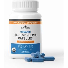 Organic Blue Spirulina Capsules – 100% Pure Blue-Green Algae, No Fishy Smell, Superfood Supplement, Vegan, Non-GMO, Gluten-Free – 60 Capsules