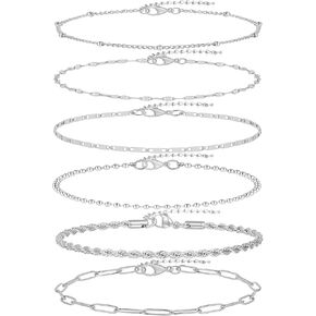 6PCS 18k Gold Plated Stainless Steel Ankle Bracelets for Women Waterproof Layered Herringbone Figaro Bead Paperclip Rope Tennis Box Cuban Link Rolo Satellite Chain Anklets Set Gold Tone