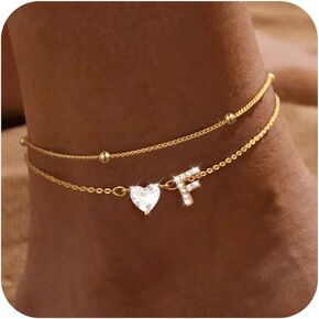 Gold Initial Ankle Bracelets for Women, 14K Gold Plated Dainty Love Heart CZ Trendy Layered Letter A-Z Waterproof Anklets Fashion Jewelry Gift for Women