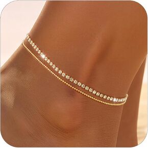 Gold Silver Anklet for Women,Silver Anklets Bracelets for Women,Jewelry for Women Waterproof,14k Chain Anklets Set Plated Bracelet Non Tarnish Adjustable Beaded Beach Jewelry